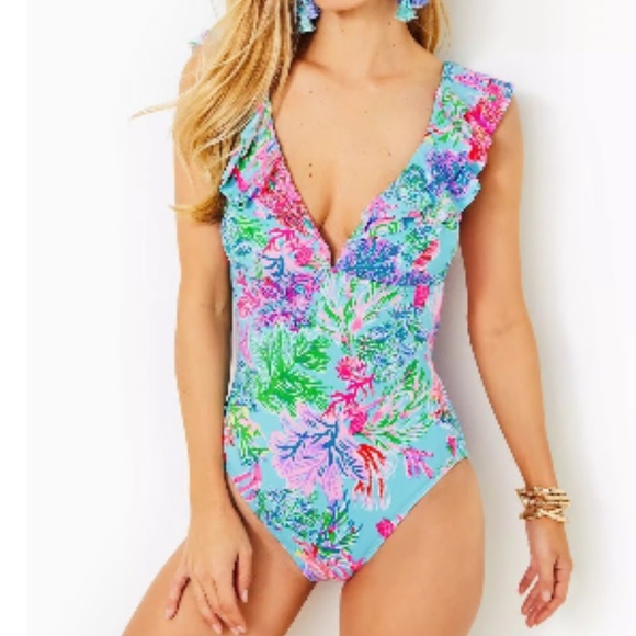 New Lilly Pulitzer Huey Ruffle Swimsuit Celestial Blue Cay To My Heart - Picture 1 of 17